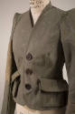 Green distressed three button military style long sleeve jacket with flap pockets