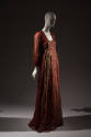 Floor length long sleeve printed red sheer silk dress with gold metallic thread and sequin embr…