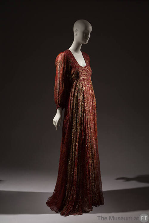 Floor length long sleeve printed red sheer silk dress with gold metallic thread and sequin embr…