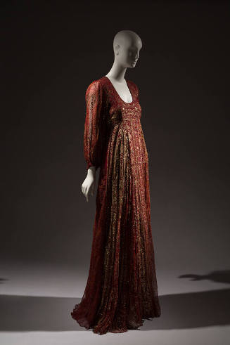 Floor length long sleeve printed red sheer silk dress with gold metallic thread and sequin embr…