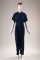 Blue denim short sleeve jumpsuit, covered placket front and breast pocket