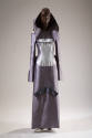 Grey floor length gown with structured open back hood, long angled sleeves, large light grey ce…