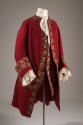 Man's formal set: red collarless coat, matching long sleeve waistcoat with gilt and silver thre…