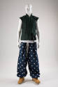 Dark teal green padded vest with vertical quilting; loose, navy pants with white star pattern; …