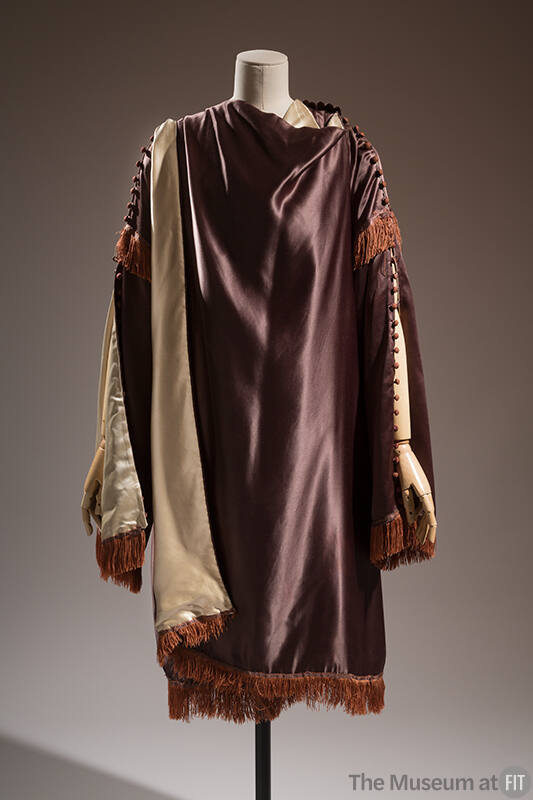 Taupe silk satin evening wrap coat with cream lining and brown fringe trim and tassel fringe 