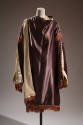 Taupe silk satin evening wrap coat with cream lining and brown fringe trim and tassel fringe 