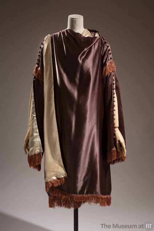 Taupe silk satin evening wrap coat with cream lining and brown fringe trim and tassel fringe 