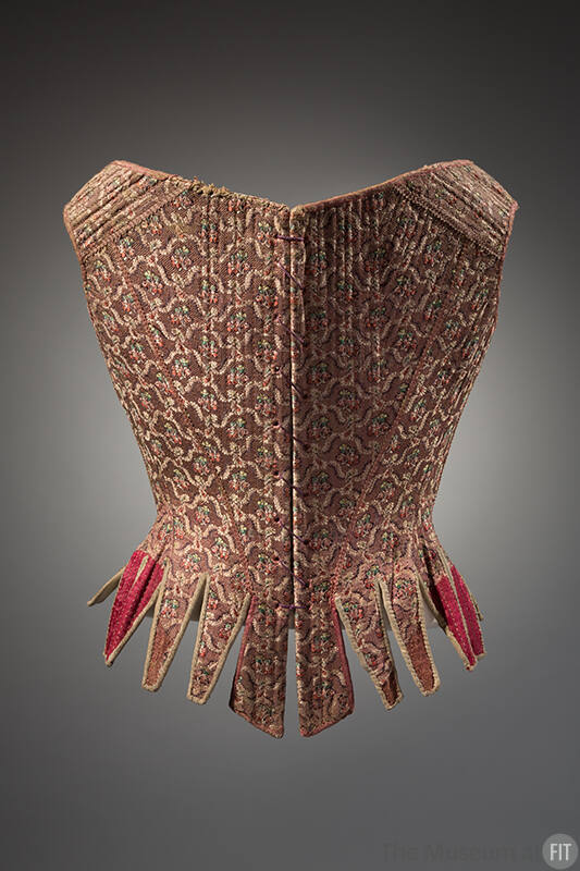 Stays in pink, beige, brown, burgundy and green silk floral brocade 
