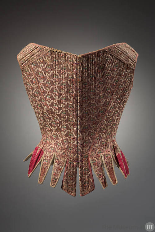 Stays in pink, beige, brown, burgundy and green silk floral brocade 
