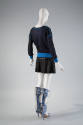 Back view of blue mesh sweatshirt with royal blue trim, black pleated mini skirt and blue and w…