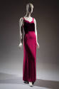Dark pink sleeveless floor length evening dress with camisole straps, sweetheart neckline and p…