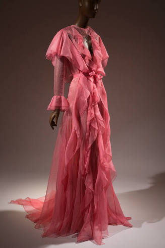 Sheer pink long sleeve floor length dress with allover ruffles, deep V-neck and skirt train