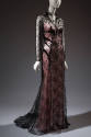 Black Chantilly lace floor length long sleeve evening dress with pink underdress, black stylize…