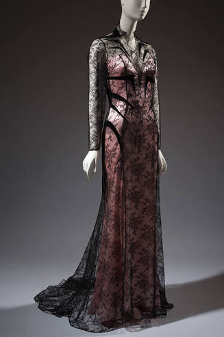Black Chantilly lace floor length long sleeve evening dress with pink underdress, black stylize…