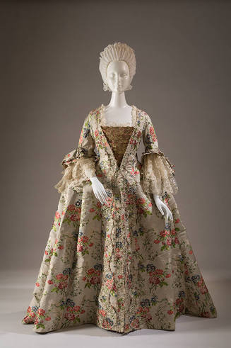 Ivory brocade robe a la francaise dress with red, peach, pink, blue and green floral and leaf p…