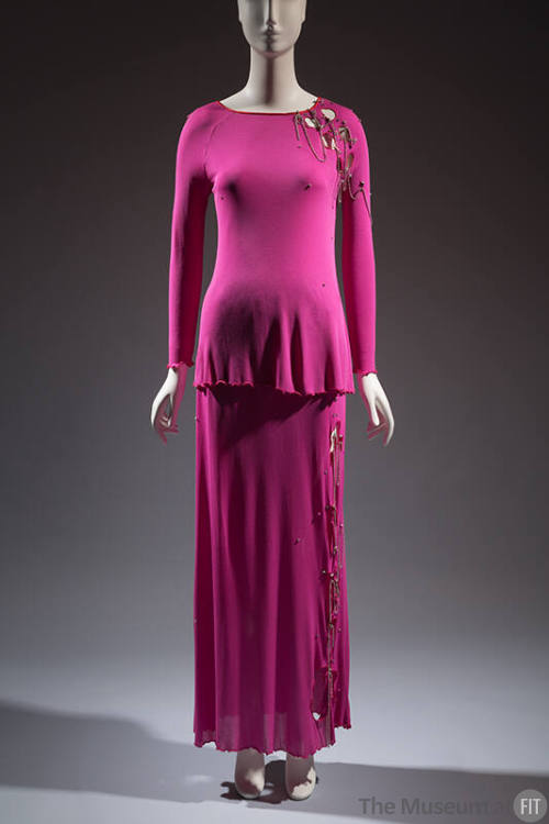 Hot pink evening set of long sleeve top and floor length skirt with cut outs and embellishments…