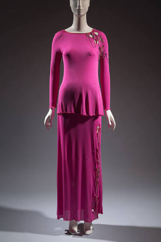 Hot pink evening set of long sleeve top and floor length skirt with cut outs and embellishments…