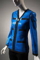 Royal blue sequined evening jacket with black trim and zipper front with double C Chanel logo z…