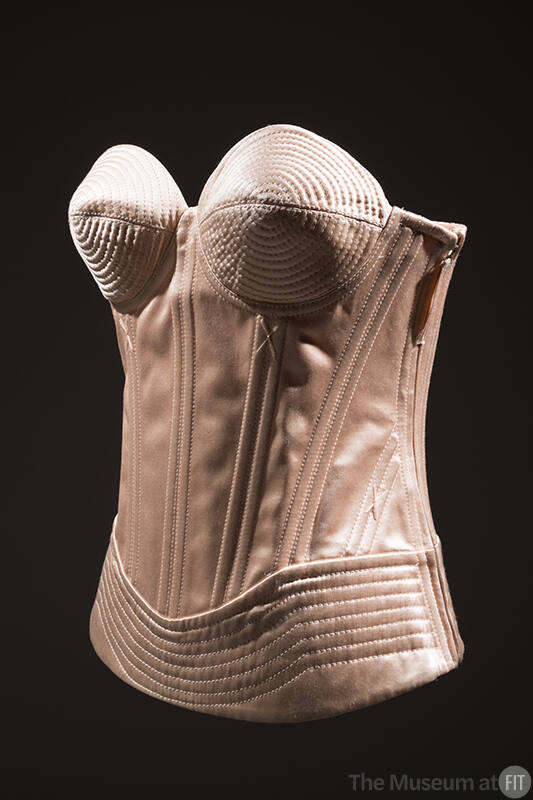 Pink corset top with bodice boning, molded and stitched bra cups and bottom panel 