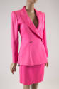 Bright pink suit of peak lapel jacket with side zipper and two button closure in the shape of s…