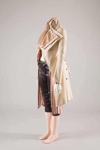 Muslin jacket with oversize collar and lapels lined in red and white striped and floral jacquar…