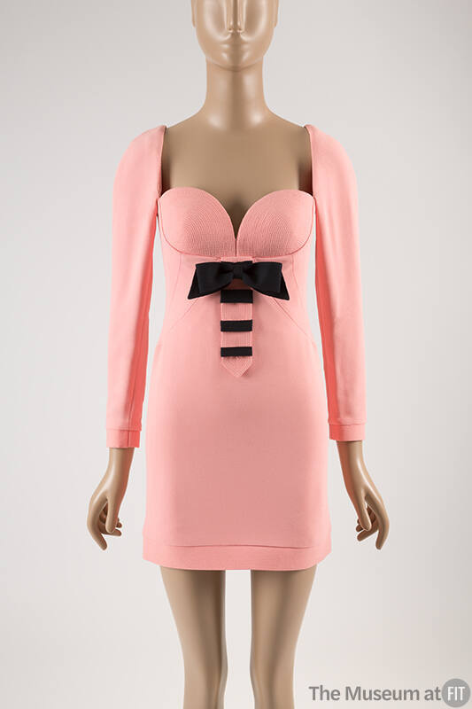 Pink long sleeve mini dress with sweetheart neckline, padded bra bodice and black blow with bla…