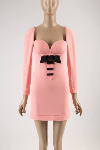Pink long sleeve mini dress with sweetheart neckline, padded bra bodice and black blow with bla…