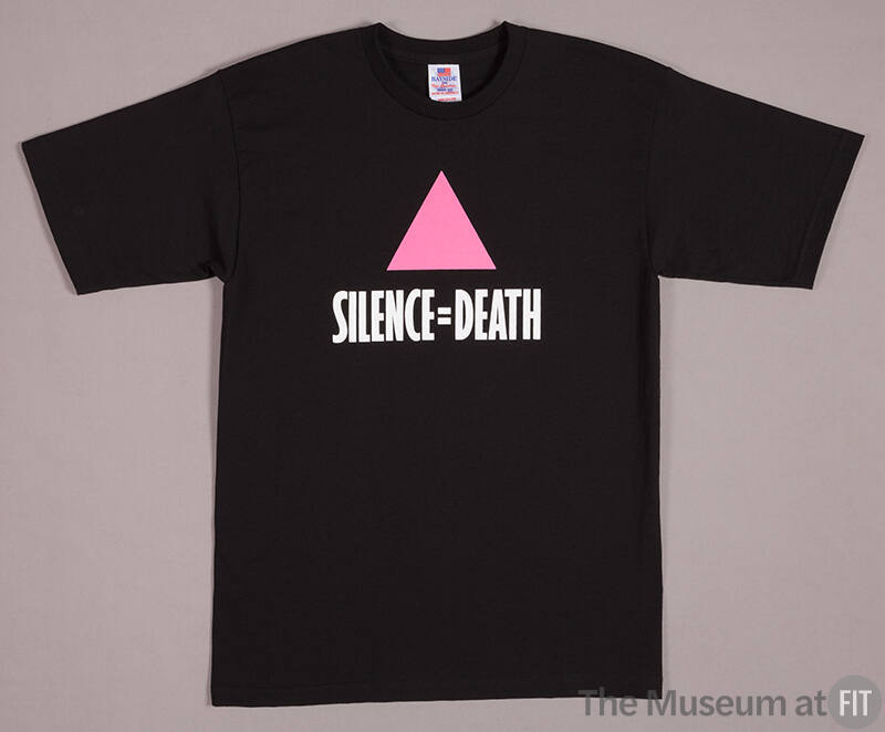 Black short sleeve t-shirt with pink triangle and white text reading Silence = Death on center …