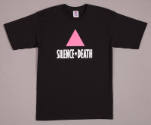 Black short sleeve t-shirt with pink triangle and white text reading Silence = Death on center …