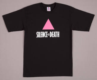 Black short sleeve t-shirt with pink triangle and white text reading Silence = Death on center …