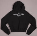Back of black long sleeve hooded sweatshirt with Off-White Hoodie logo across back