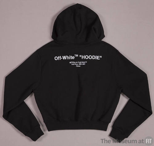 Back of black long sleeve hooded sweatshirt with Off-White Hoodie logo across back