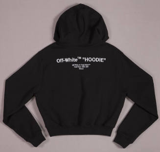 Back of black long sleeve hooded sweatshirt with Off-White Hoodie logo across back
