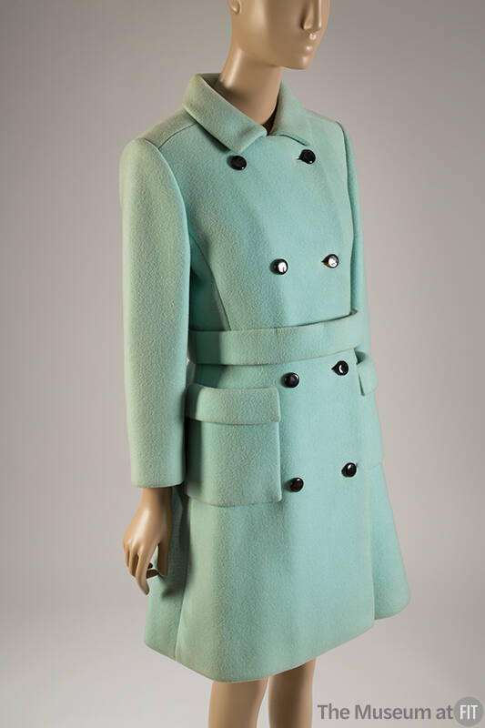 Plae blue wool double-breasted knee-length coat with patch pockets and black buttons