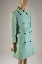 Plae blue wool double-breasted knee-length coat with patch pockets and black buttons