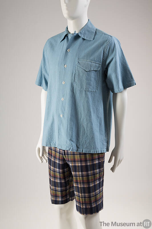 Blue chambray short sleeve button front shirt with flap pocket, blue, green, red plaid Bermuda …