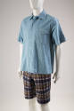 Blue chambray short sleeve button front shirt with flap pocket, blue, green, red plaid Bermuda …
