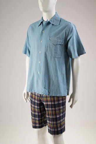 Blue chambray short sleeve button front shirt with flap pocket, blue, green, red plaid Bermuda …