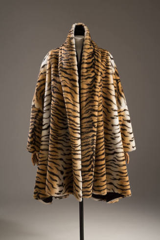 Tiger print faux fur knee length long sleeve coat  with shawl collar