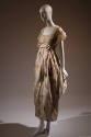 Pink silk brocaded floral ankle-length dress, off-white lace shoulders with ribbon trim, pink s…
