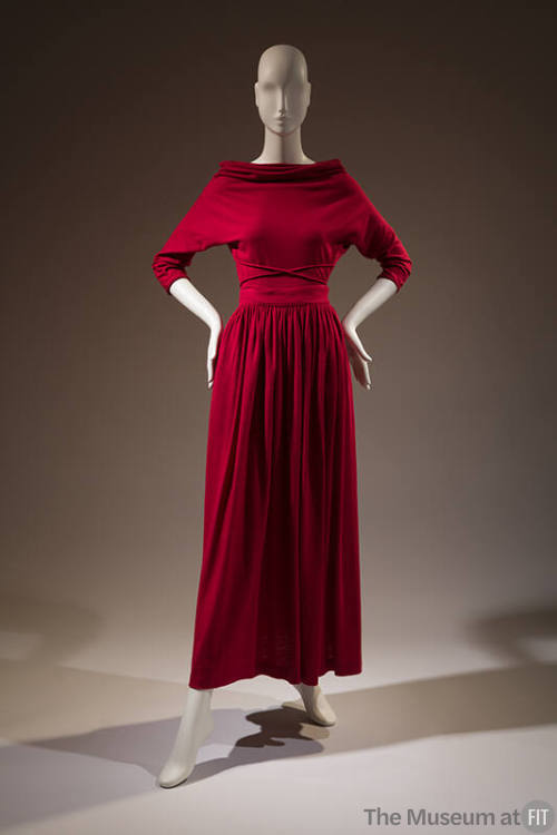 Two-piece dinner dress in dark pink: cowl neck, elbow length stylized dolman sleeves and ankle …