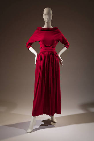 Two-piece dinner dress in dark pink: cowl neck, elbow length stylized dolman sleeves and ankle …