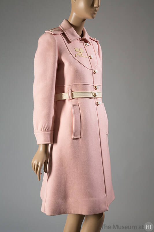 Pink wool and acrylic coat; matching white wool belt