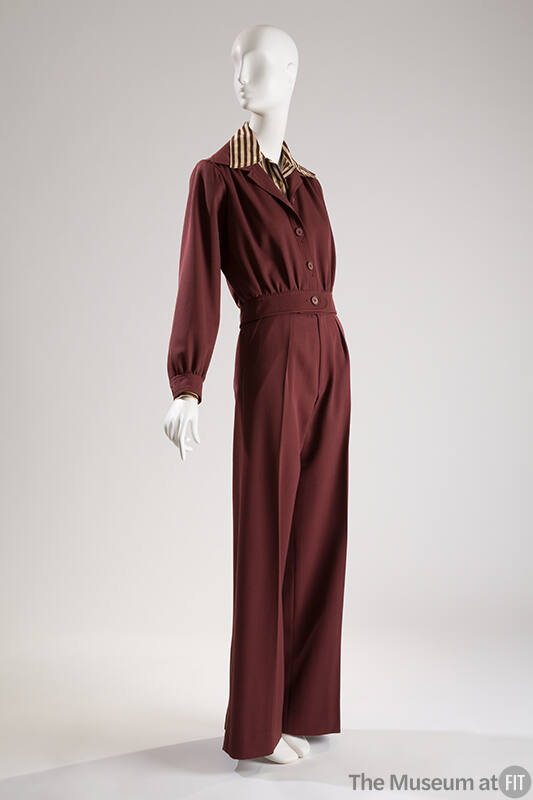 Pantsuit: brown/red jacket with striped collar and matching pants