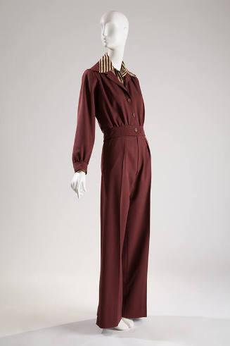 Pantsuit: brown/red jacket with striped collar and matching pants
