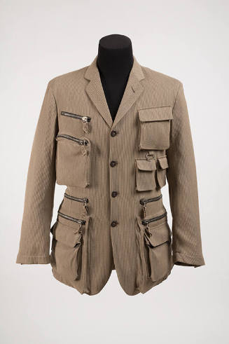 Beige herringbone long sleeve button front jacket with grey pinstripes and multiple zipper and …
