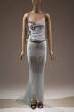Pale blue evening dress with spaghetti straps, appliqued butterflies throughout boned bodice an…
