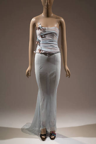 Pale blue evening dress with spaghetti straps, appliqued butterflies throughout boned bodice an…