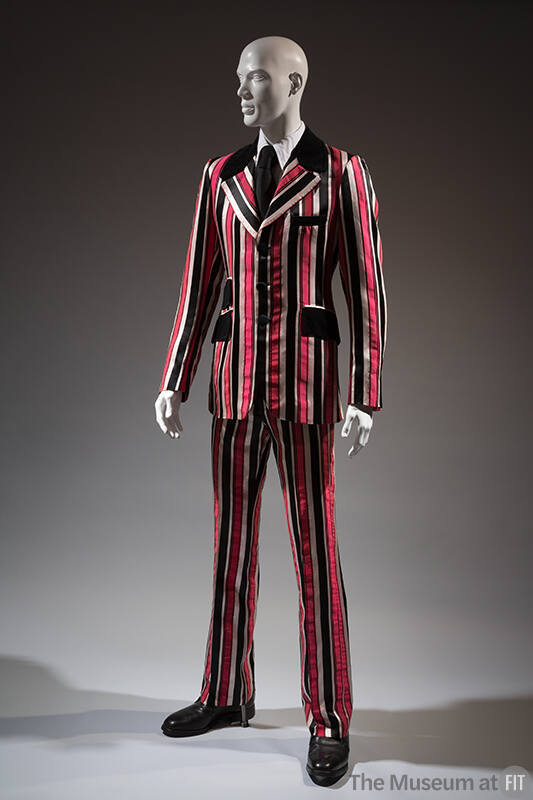 Striped black, pink and pale pink suit jacket with velvet collar and pocket flaps, matching pan…
