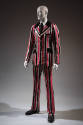 Striped black, pink and pale pink suit jacket with velvet collar and pocket flaps, matching pan…